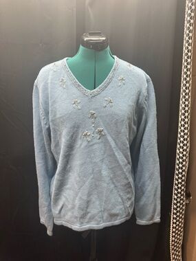 Haband Light Blue Knit Sweater with White accents